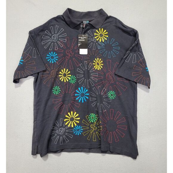 BROOKLYN XPRESS Shirt Men's XL Polo AOP Embroidered Abstract Sunburst NWT - Picture 1 of 5